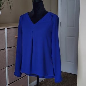 Dark Blue Long Sleeve Blouse, Size S, V-Cut